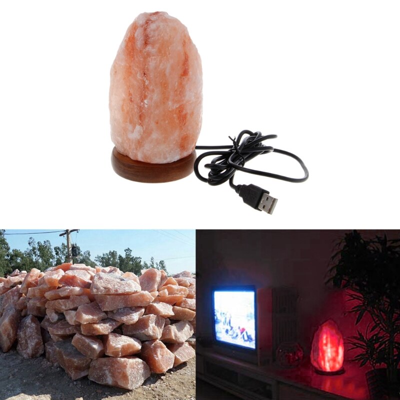 Himalayan Rock Salt Lamp Wooden Base Air Purifier Night Light