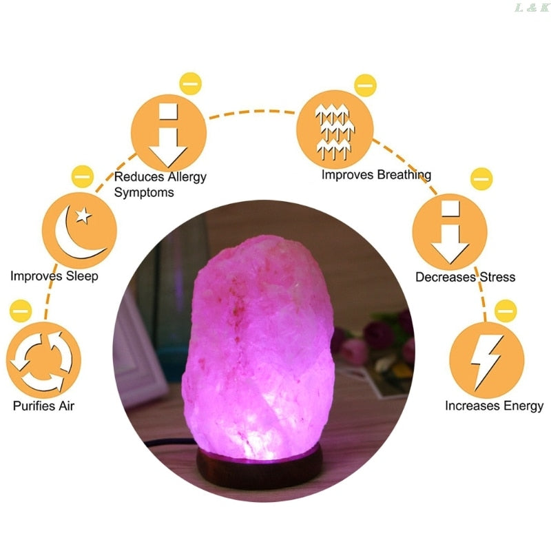 Himalayan Rock Salt Lamp Wooden Base Air Purifier Night Light