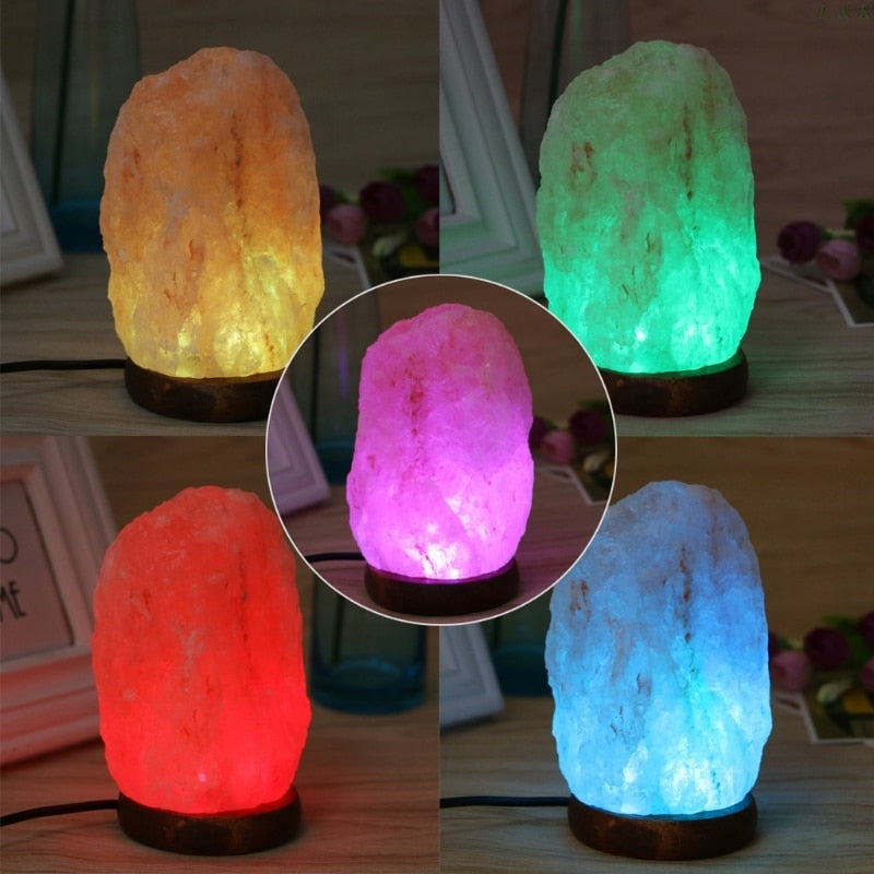 Himalayan Rock Salt Lamp Wooden Base Air Purifier Night Light