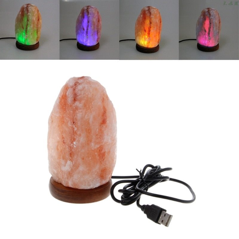 Himalayan Rock Salt Lamp Wooden Base Air Purifier Night Light