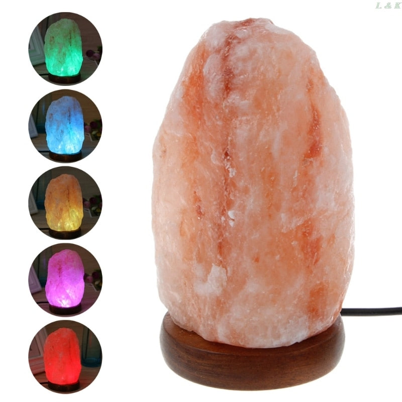 Himalayan Rock Salt Lamp Wooden Base Air Purifier Night Light
